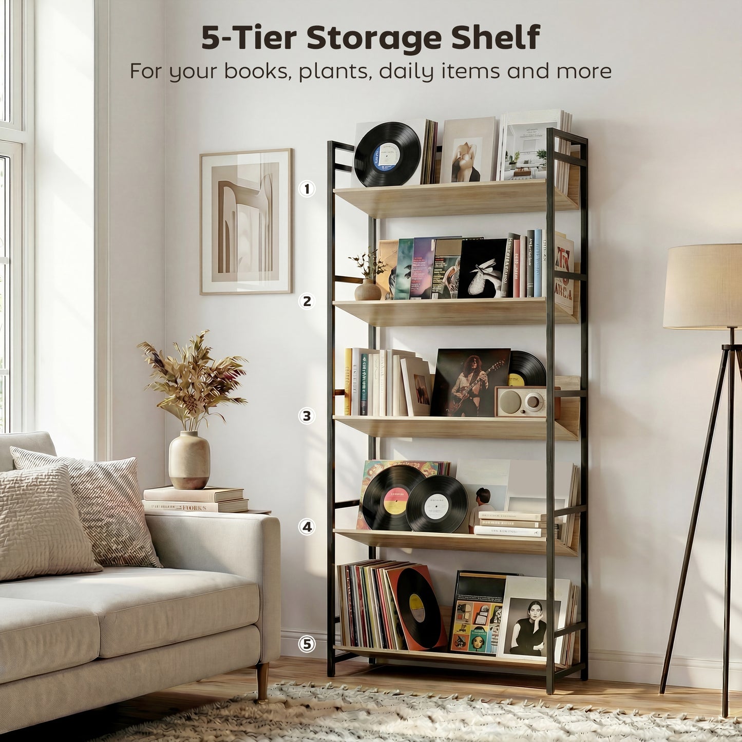 HOMCOM Bookshelf 5-Tier Metal Frame Bookcase Storage Shelves for Living Room Oak