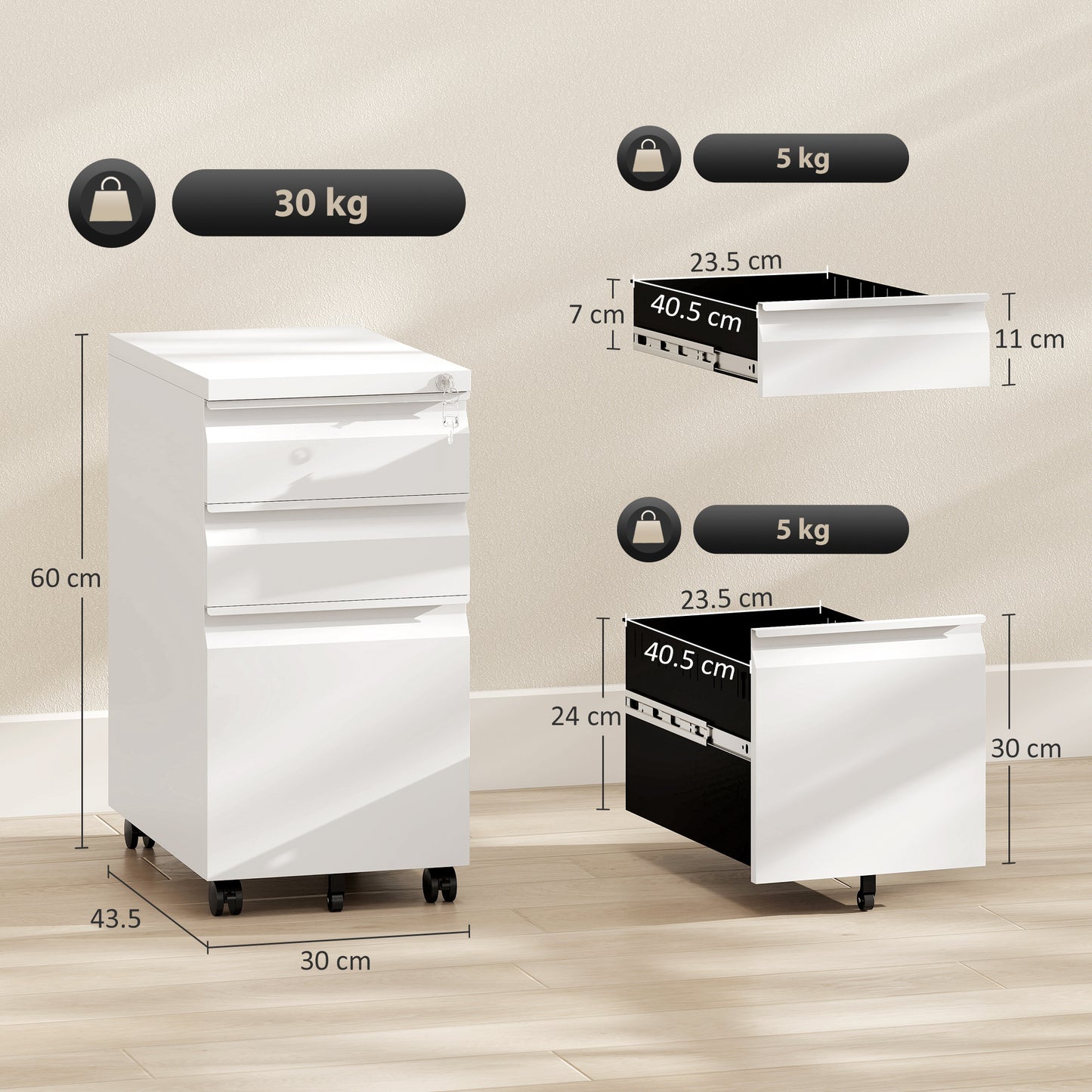 Vinsetto 3-Drawer Steel Filing Cabinet with Lock and Wheels - White