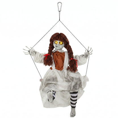 HOMCOM 80 cm Halloween Animated Hanging Creepy Girl on Swing Decoration, Kicking Legs, Sound and Touch Activated