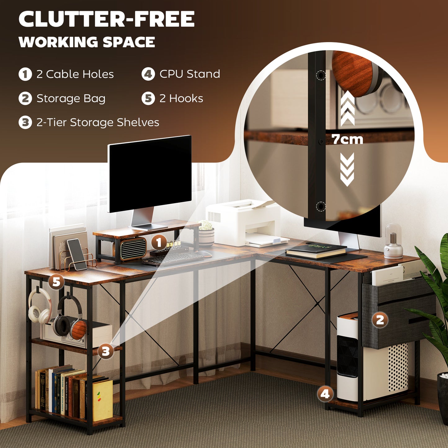 HOMCOM 168cm Reversible L Shaped Desk, Industrial Corner Computer Desk with Adjustable Shelf and Storage Bag, 240cm 2 Person PC Table with Monitor Stand, Rustic Brown
