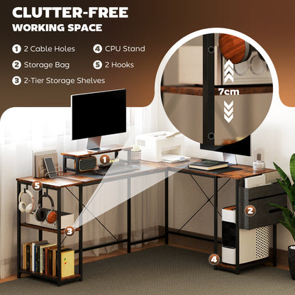 HOMCOM 168cm Reversible L Shaped Desk, Industrial Corner Computer Desk with Adjustable Shelf and Storage Bag, 240cm 2 Person PC Table with Monitor Stand, Rustic Brown
