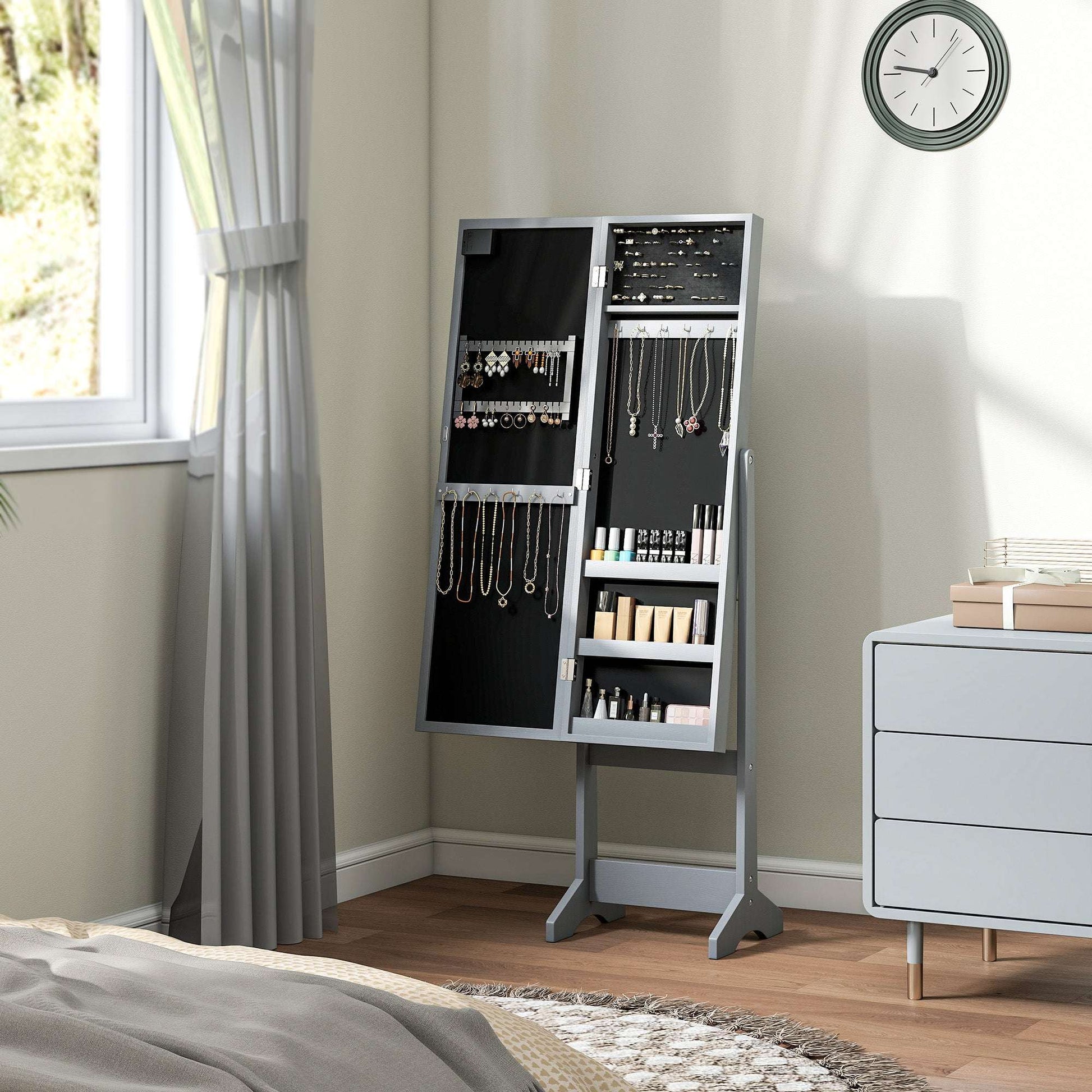 HOMCOM Freestanding Mirrored Jewellery Storage Cabinet - Grey