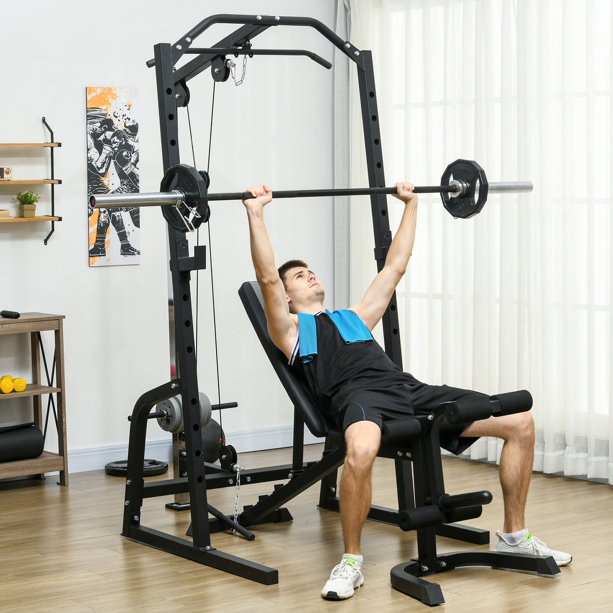 SPORTNOW Smith Machine & Cable Pulley System with Adjustable Weight Bench, Multifunction Home Gym Power Rack with Lat Pull Down System, Barbell Rack for Full Body Training, Black