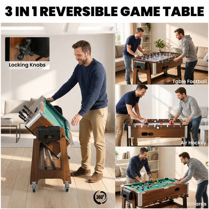 SPORTNOW 3 in 1 Multi Game Table, 3.4ft Reversible Air Hockey Pool Football Games Table with Lockable Wheels, Storage Shelf