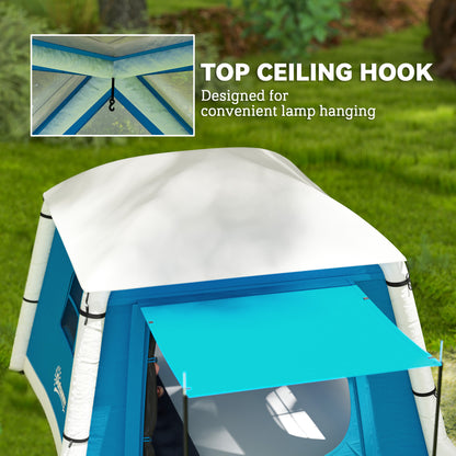 Outsunny Inflatable Camping Tent w/ Hand Pump, Easy Setup 1/2 Person Blow Up Tent Waterproof 190T Taffeta w/ Mesh Windows, Doors and Carry Bag, Light Blue