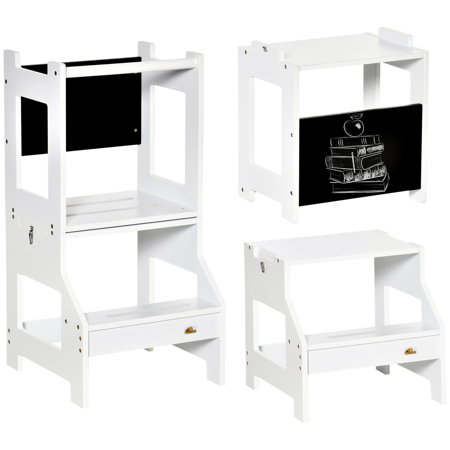 HOMCOM Toddler Step Stool for Kids, 2 in 1 Foldable Step Stool with Security Rail and Chalkboard for Kitchen Bathroom, White