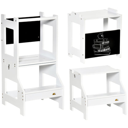 HOMCOM Toddler Step Stool for Kids, 2 in 1 Foldable Step Stool with Security Rail and Chalkboard for Kitchen Bathroom, White