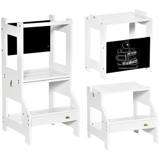 HOMCOM Toddler Step Stool for Kids, 2 in 1 Foldable Step Stool with Security Rail and Chalkboard for Kitchen Bathroom, White