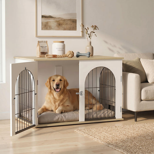 PawHut Dog Crate Furniture, Indoor Dog Cage with Double Doors for Large Breeds, Pet Kennel End Side Table
