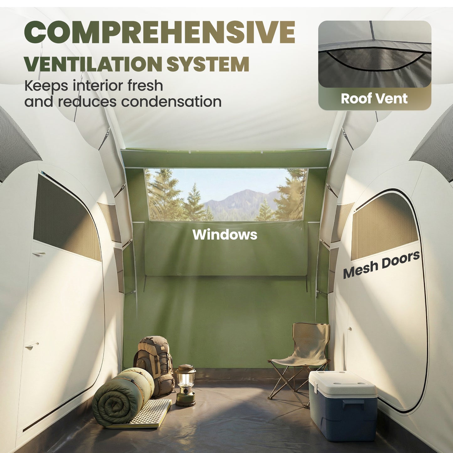 Outsunny Inflatable Tent 2 Bedroom 3000mm Waterproof Windproof Air Tent with Carry Bag for 4 Person