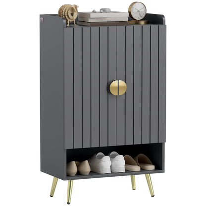 HOMCOM Modern Shoe Cabinet with 2 Doors, Open Shelf and Adjustable Shelves, 15 Pair Hallway Shoe Cupboard, Entryway Storage Unit, Grey