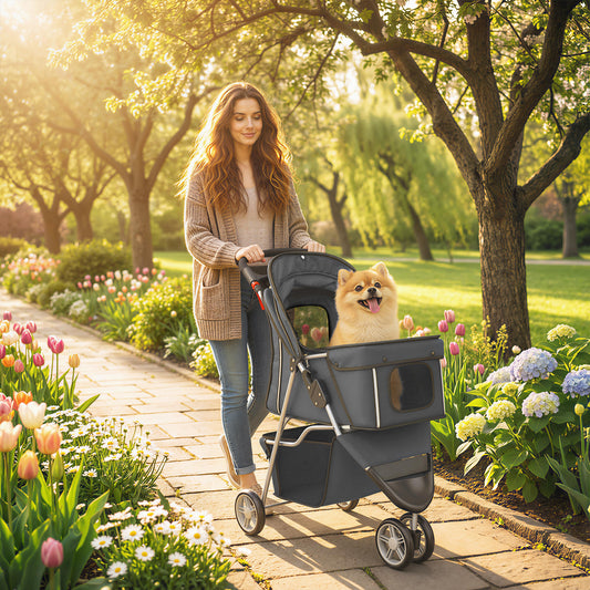 PawHut Dog Stroller, 3 Wheels Foldable Pet Stroller with Adjustable Canopy, Storage Basket for Small Mini Breeds, Dark Grey