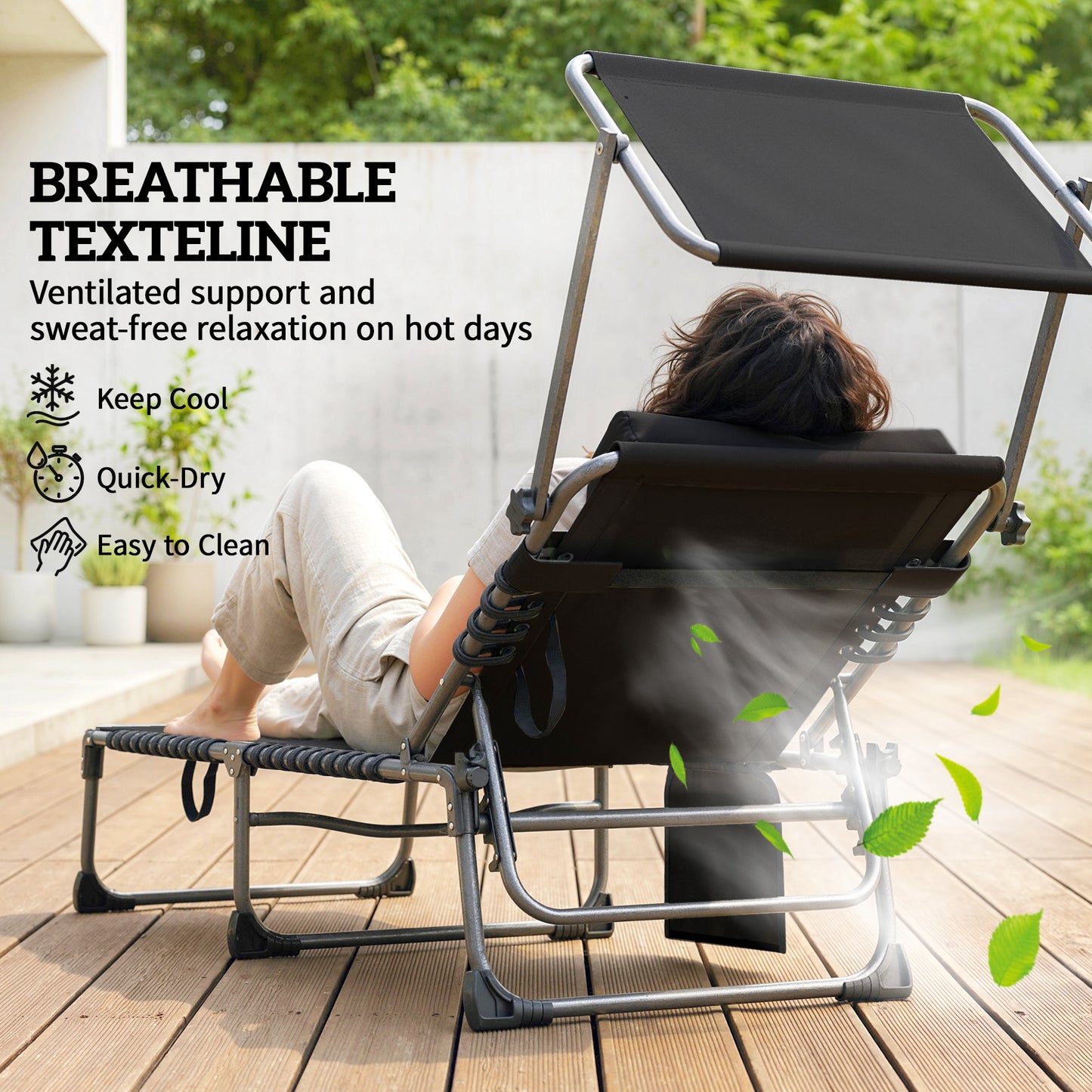 Outsunny Folding Sun Loungers Set of 2 with Canopy, Reclining Sunbed with Cushion, Side Pocket, Carrying Handle, Black