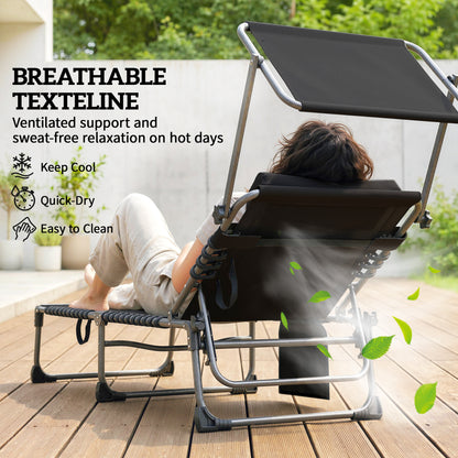 Outsunny Folding Sun Loungers Set of 2 with Canopy, Reclining Sunbed with Cushion, Side Pocket, Carrying Handle, Black