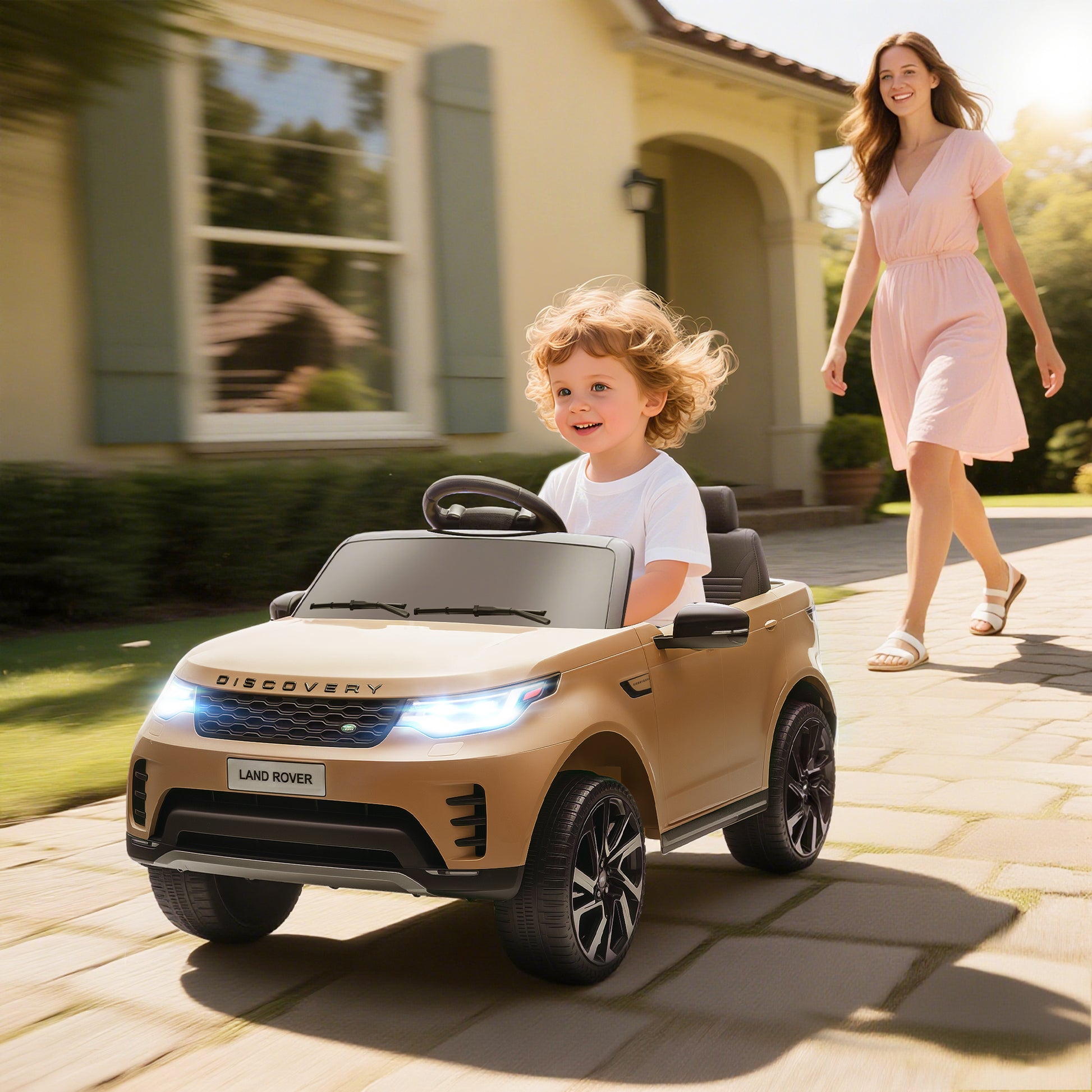 AIYAPLAY Land Rover Discovery Licensed 12V Kids Electric Car with Remote, 4 Wheel Suspension, Slow Start, Lights, Music, Khaki-Electric Riding Vehicles-ChewyGames-ChewyGames