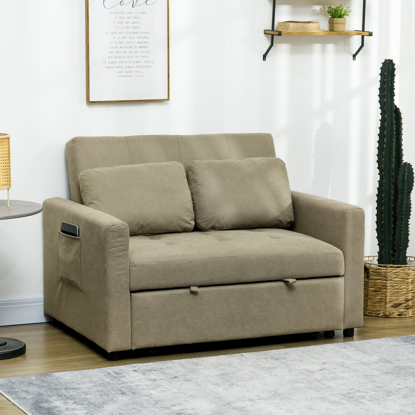 HOMCOM Loveseat Sofa Bed, Convertible Bed Settee with 2 Pillows, Side Pockets, Light Brown