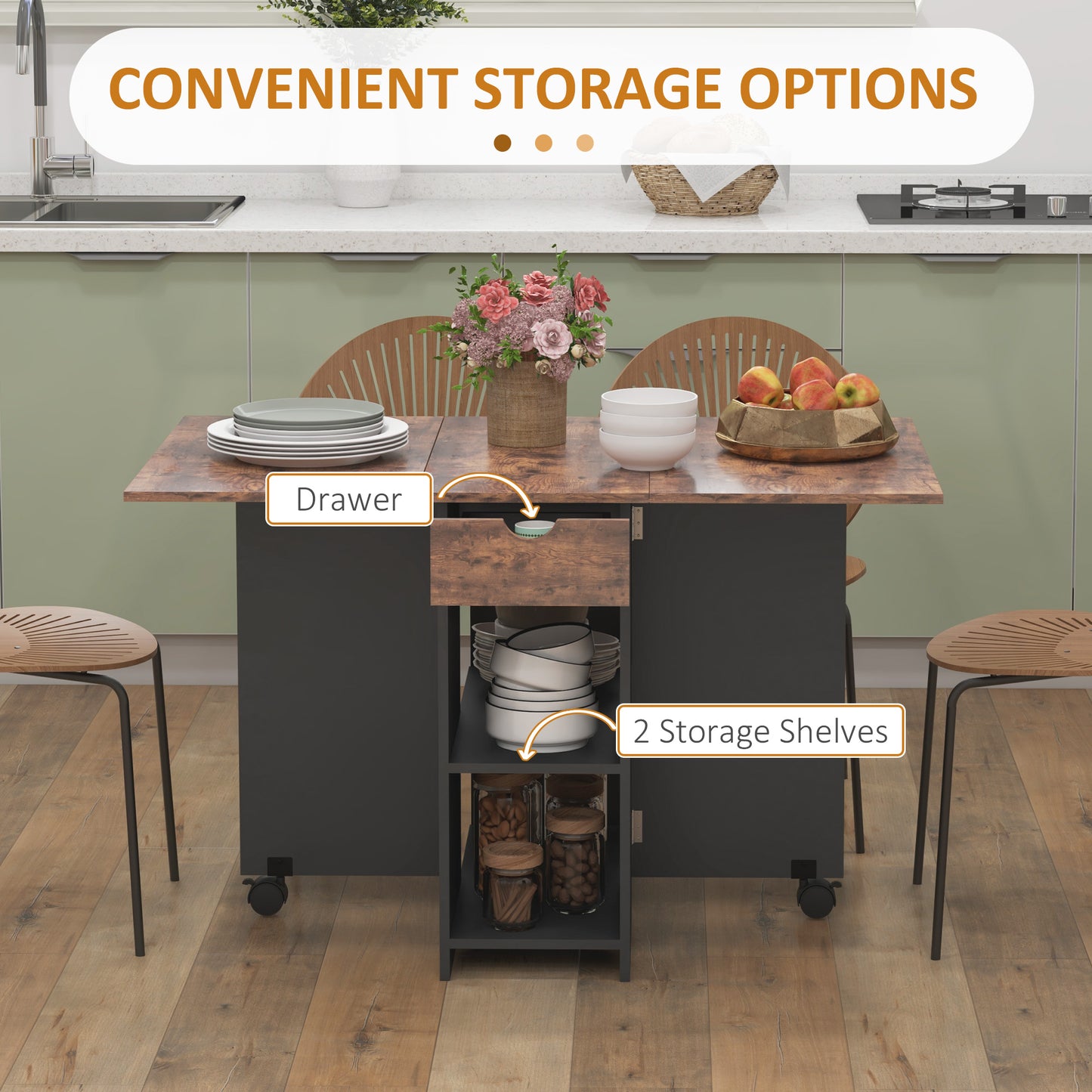 HOMCOM Folding Dining Table, Drop Leaf Table for Small Spaces, Foldable Table with Drawer and Storage Shelves for Kitchen, Dining Room, Rustic Brown--ChewyGames-ChewyGames