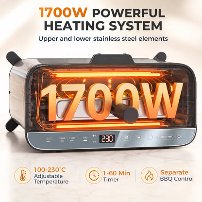 HOMCOM 3-in-1 Electric Mini Oven, Long Slot Toaster and Tabletop Grill, with LED Display, 60 Min Timer, Stainless Steel, 1700W