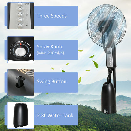 HOMCOM Spray Misting Fan, Floor Fan with Water Mist Spray, 70° Oscillation, Tilt Head, 3 Speeds, 2.8L Water Tank, Black