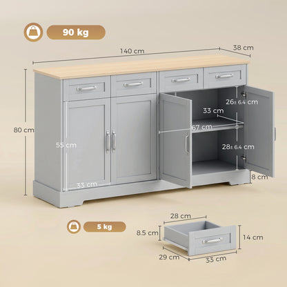 HOMCOM Sideboard Buffet Cabinet, 140 cm Kitchen Storage Cabinet with 4 Drawers, 4 Doors and 2 Adjustable Shelves, Grey