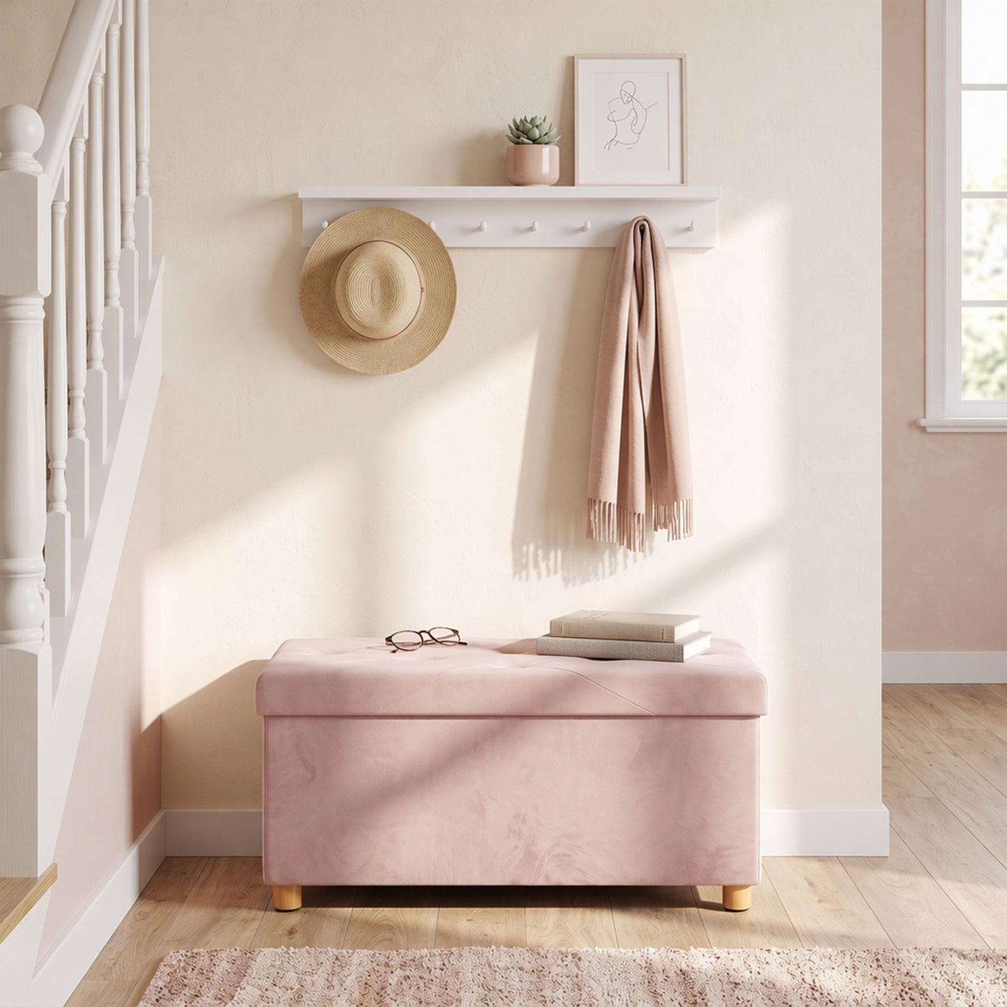HOMCOM Velvet Upholstered Foldable Ottoman Footrest, Storage Ottoman Bench with Wood Legs for Living Room, Pink