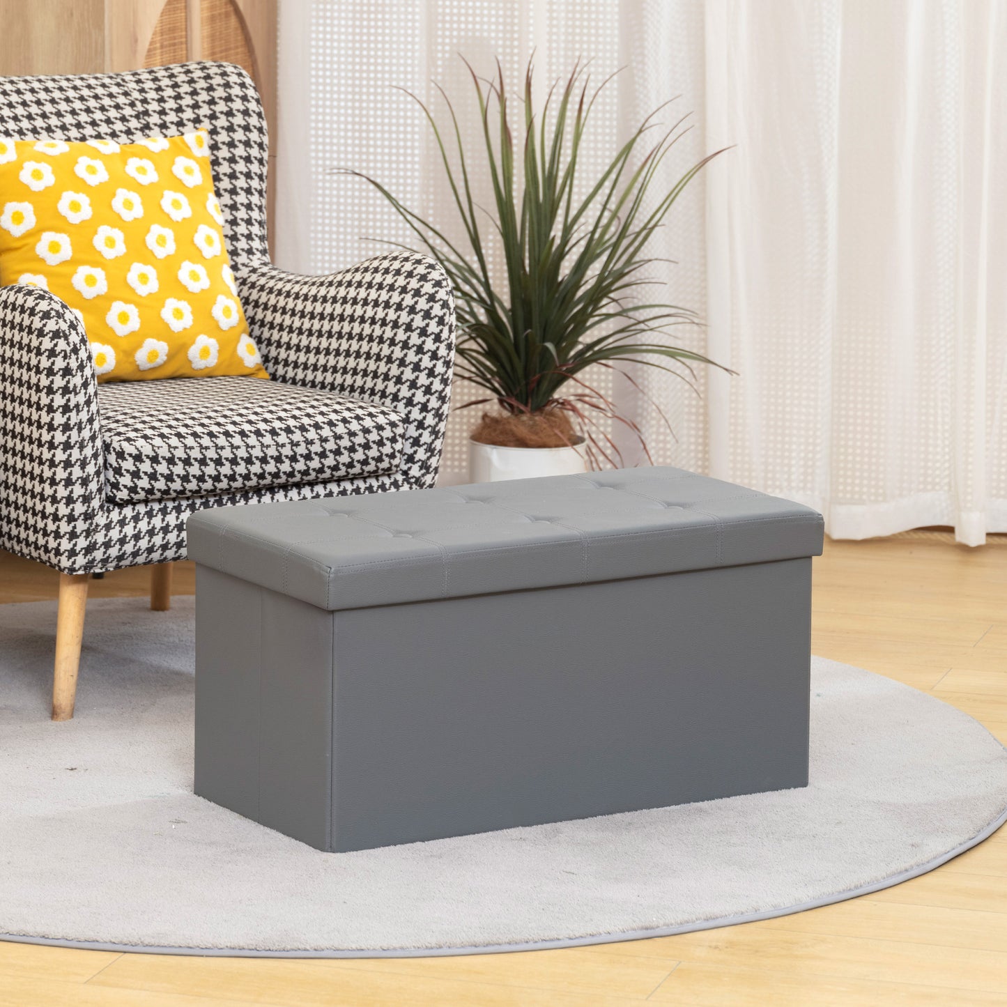 HOMCOM Storage Ottoman Bench, 89L PU Leather Folding Foot Rest Stool, End of Bed Bench, Easy Assembly, for Living Room, Bedroom, Entryway, Grey