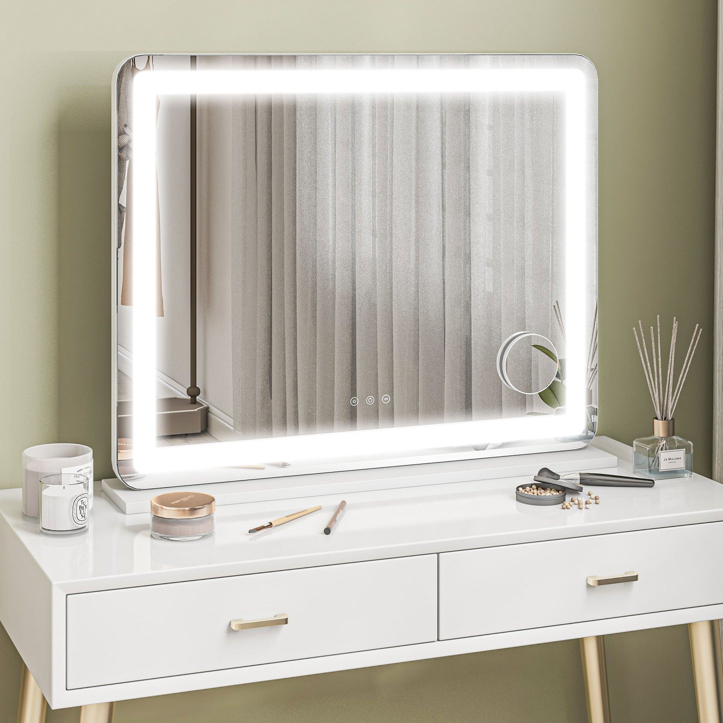 HOMCOM Vanity Mirror with Lights, Large 80x62 cm Lighted Makeup Mirror with 3 Colour, 10X Magnifying, USB Charging Port, Touch Screen, Tabletop or Wall Mounted Design, White