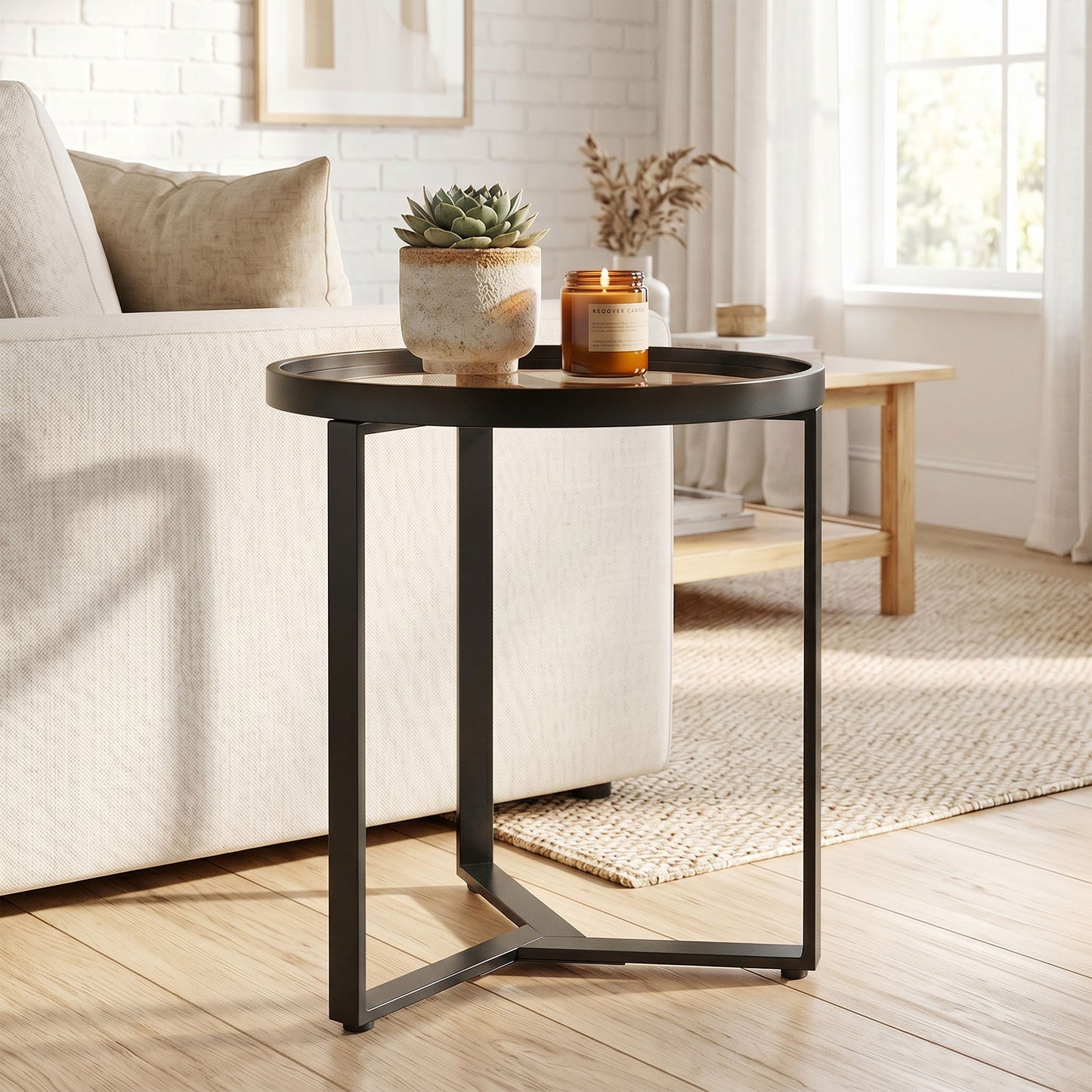 HOMCOM Round Side Table with Tempered Glass Top and Geometric Metal Frame for Small Space, Black