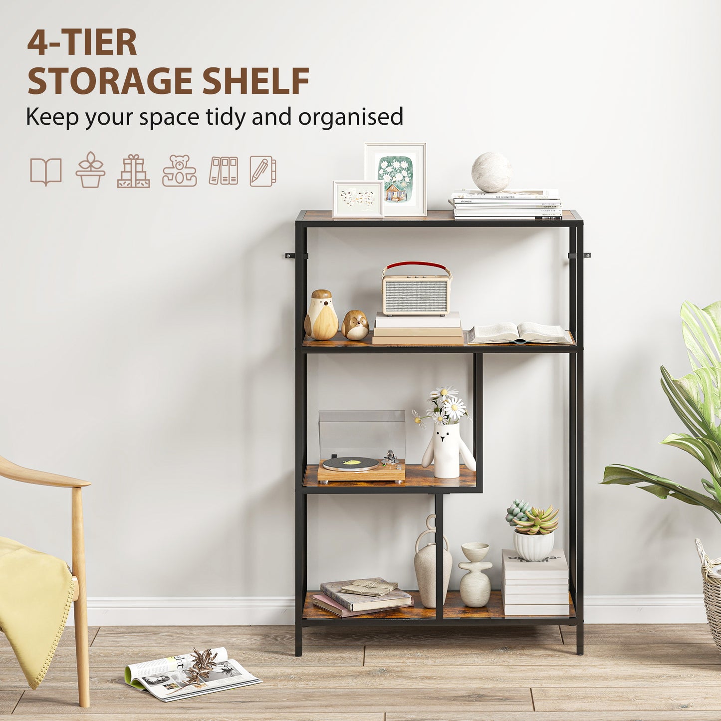 HOMCOM 4-Tier Bookshelf with Open Shelves - Rustic Brown