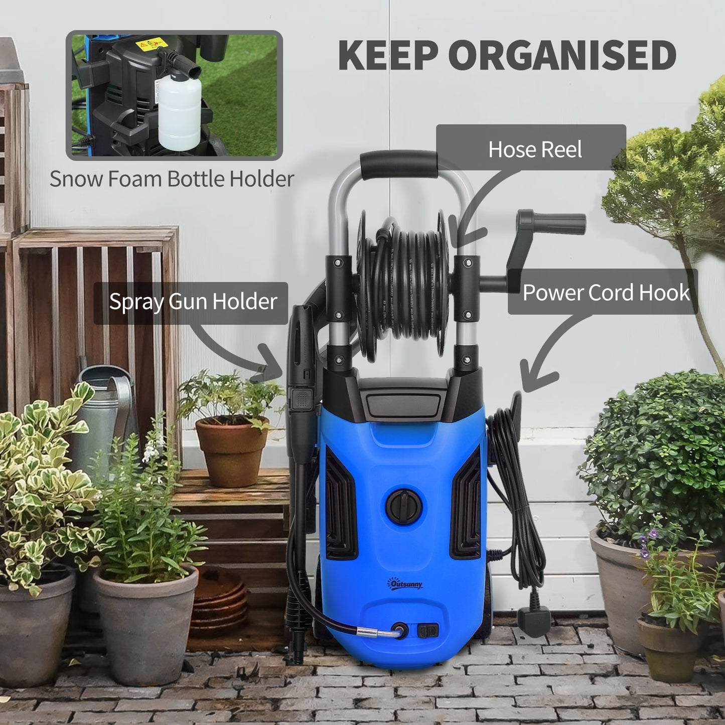 Outsunny 1800W High Pressure Washer, 150 Bar Pressure, 420 L/h Flow, Portable Power Washer Jet Wash Cleaner with Adjustable Nozzle, 6M Hose, Hose Reel, Steel Handle for Home Patio Car Driveway, Blue