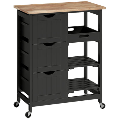 HOMCOM Rolling Kitchen Island Cart, Bar Serving Cart, Compact Trolley on Wheels with Wood Top, Shelves & Drawers for Home Dining Area, Black