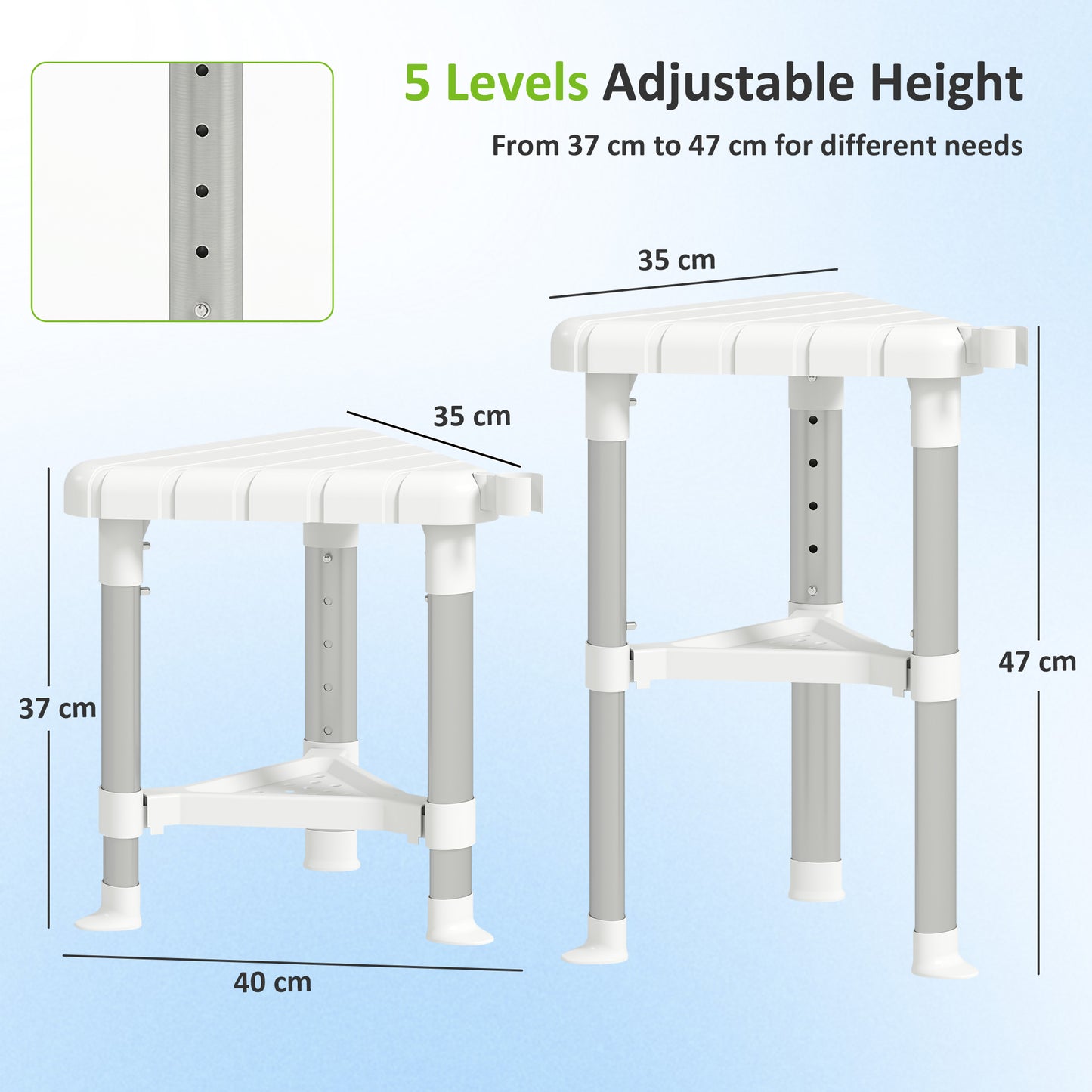 HOMCOM Shower Stool, Aluminium Alloy Corner Shower Chair with Storage Shelf and HDPE Seat, Adjustable Height, White
