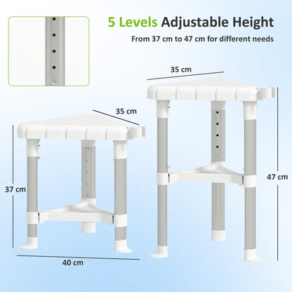 HOMCOM Shower Stool, Aluminium Alloy Corner Shower Chair with Storage Shelf and HDPE Seat, Adjustable Height, White