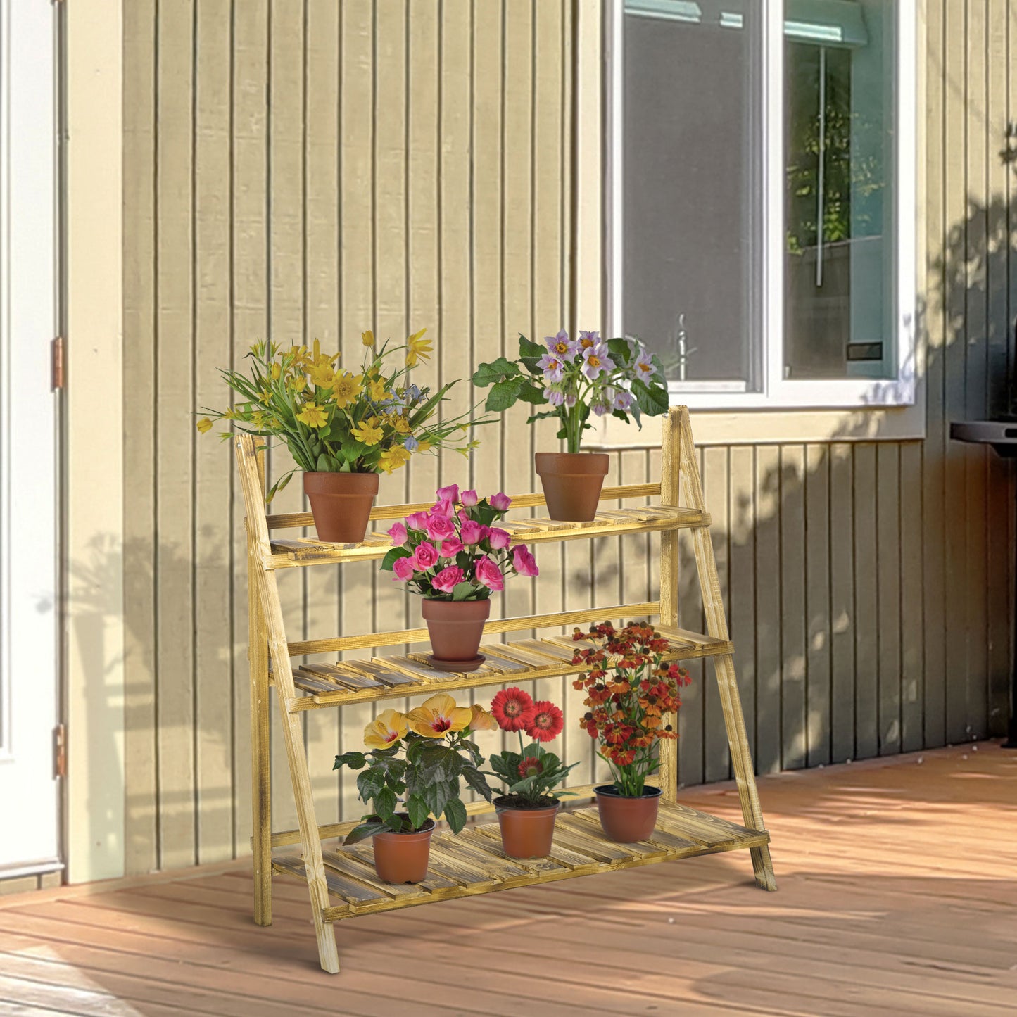 Outsunny Wooden Folding Flower Pot Stand 3 Tier Garden Planter Display Ladder Gardener Storage Shelves Rack Herb Holder (100L x 37W x 93H cm)--ChewyGames-ChewyGames