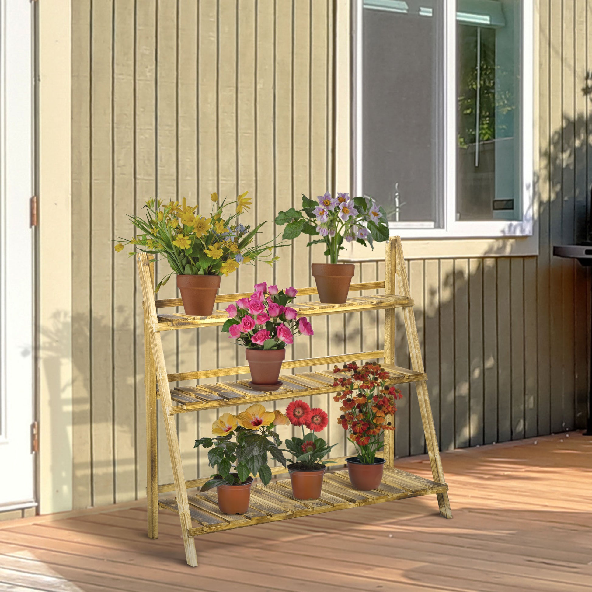 Outsunny Wooden Folding Flower Pot Stand 3 Tier Garden Planter Display Ladder Gardener Storage Shelves Rack Herb Holder (100L x 37W x 93H cm)--ChewyGames-ChewyGames
