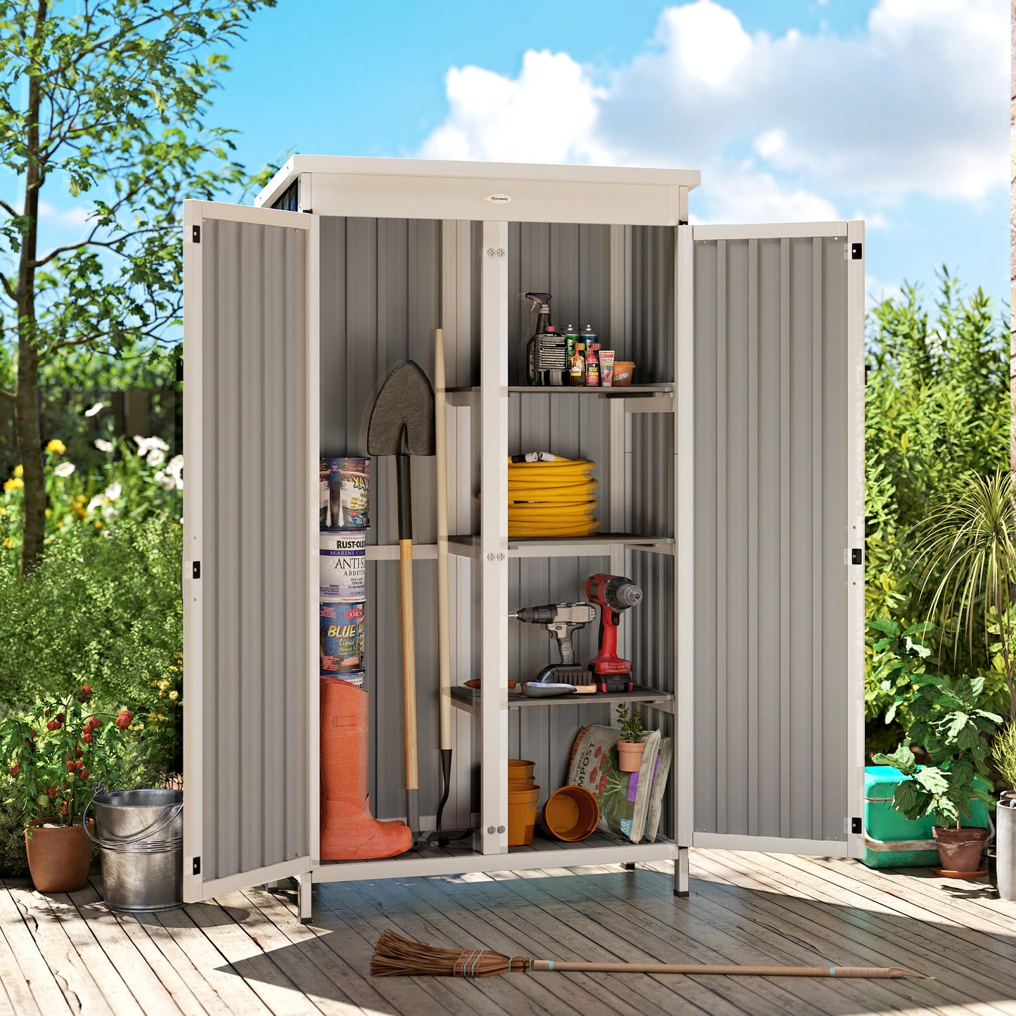 Outsunny Outdoor Storage Cabinet with Removable Shelves, Garden Tool Shed with Asphalt Roof, White and Black