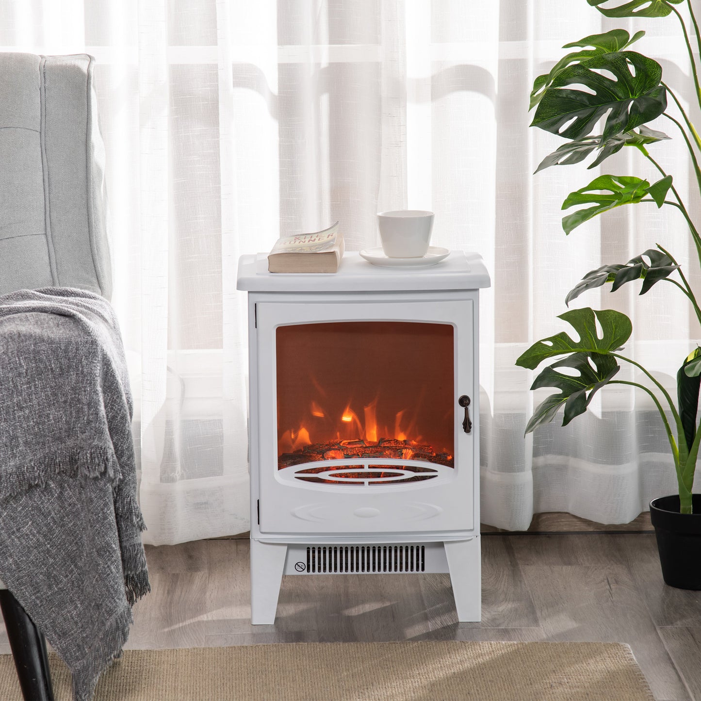 HOMCOM Electric Fireplace Stove, Free standing Fireplace Heater with Realistic LED Flame Effect and Adjustable Brightness, Overheat Safety Protection, 900W/1800W, White