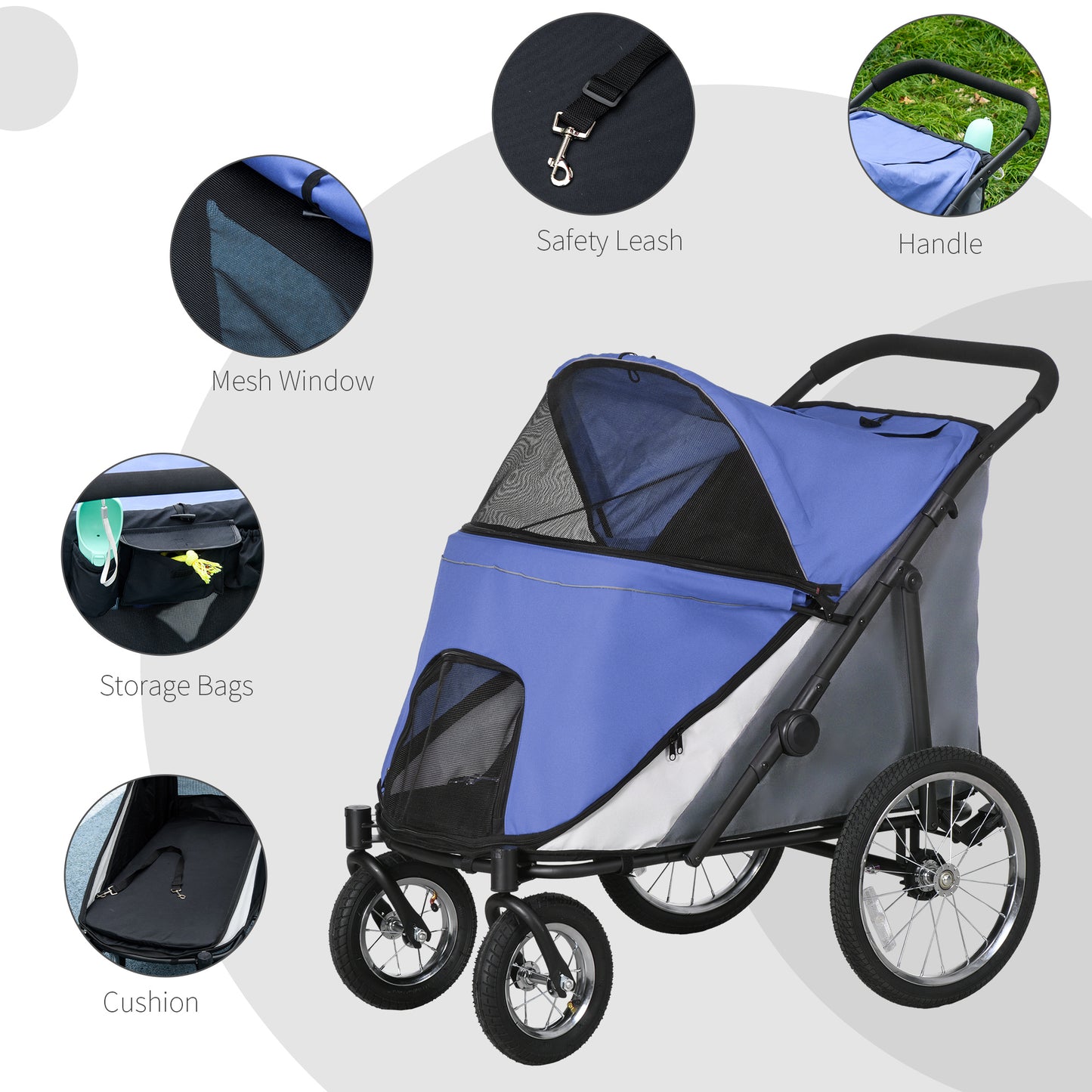 PawHut Foldable Pet Stroller, with Washable Cushion, Storage Bags, Safety Leash, for Medium, Large Dogs, Cats - Blue