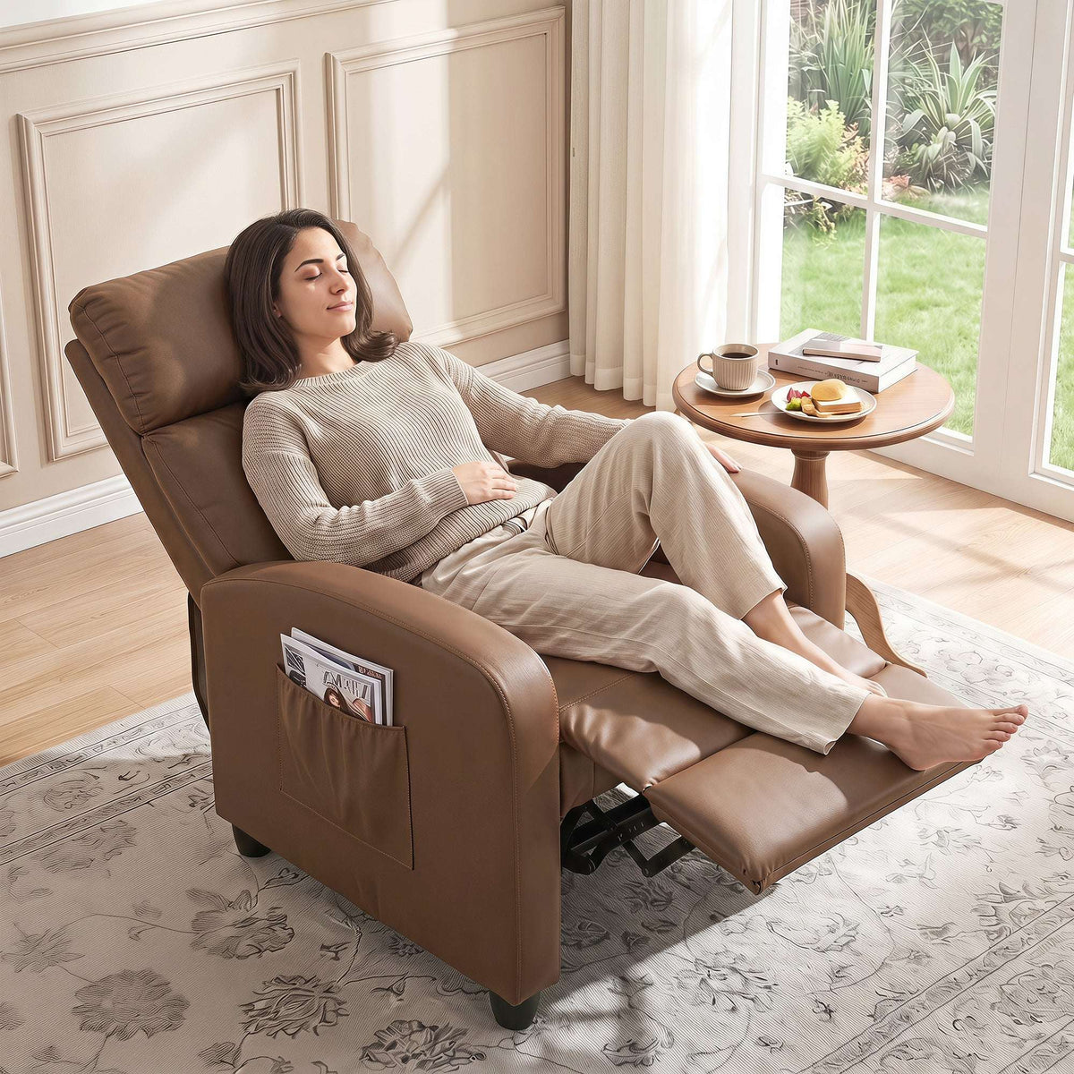 HOMCOM Recliner Armchair, Massage Faux Leather Push Back Reclining Chair with Adjustable Leg Rest, Side Pocket, Dark Brown