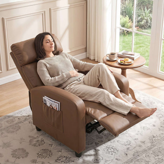 HOMCOM Recliner Armchair, Massage Faux Leather Push Back Reclining Chair with Adjustable Leg Rest, Side Pocket, Dark Brown