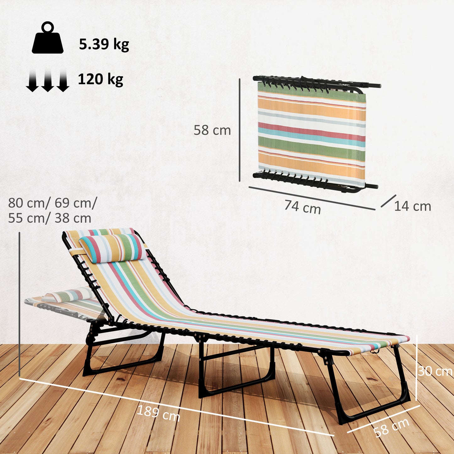Outsunny Folding Sun Lounger Beach Chaise Chair Garden Reclining Cot Camping Recliner with 4 Position Adjustable Multicolored