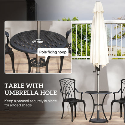 Outsunny 3 Pieces Garden Dining Set for 2, Cast Aluminium Outdoor Dining Set with 2 Armchairs and Round Dining Table with Parasol Hole, Garden Furniture Bistro Set, Brown