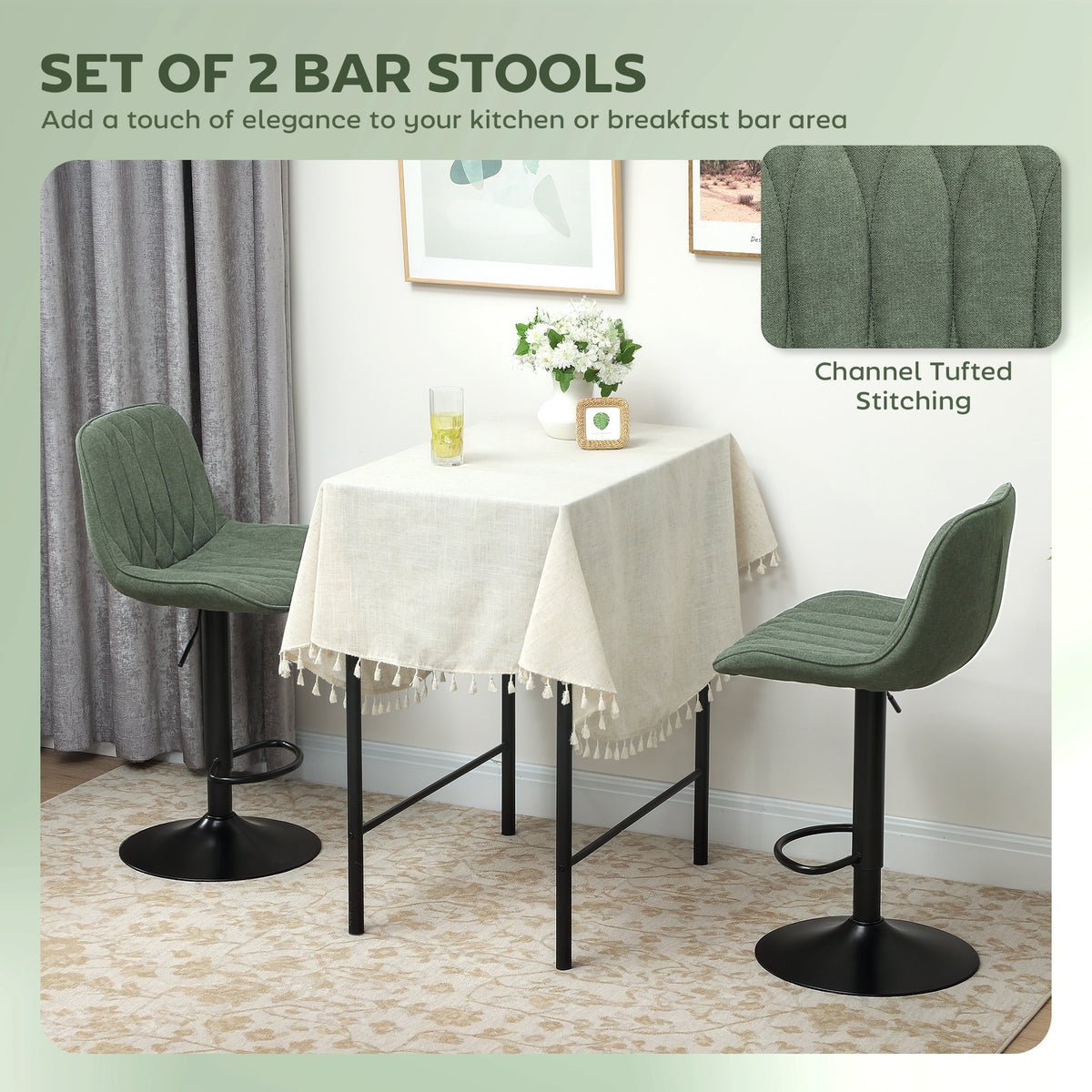 HOMCOM Breakfast Bar Stools Set of 2 Linen upholstery 60-80cm Adjustable Height - Green