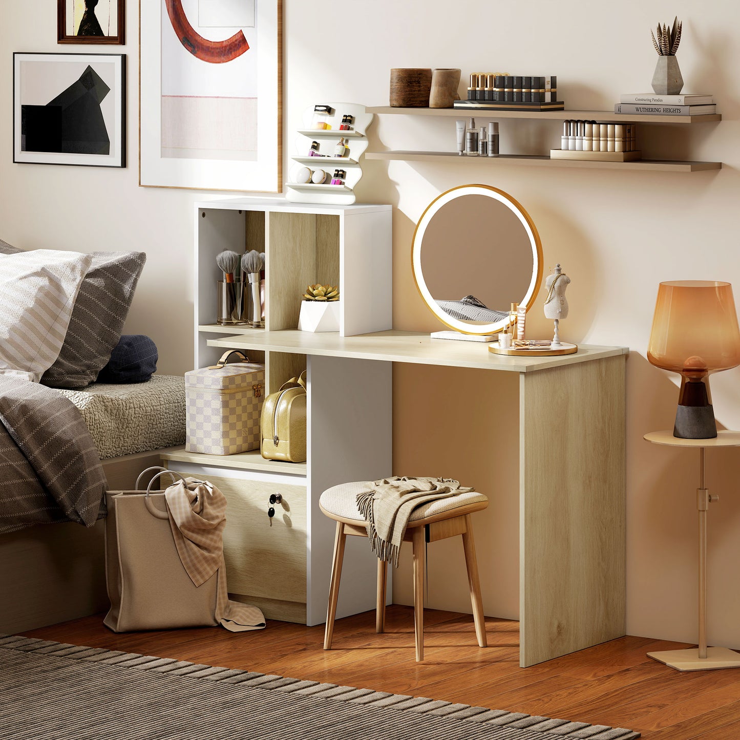 HOMCOM Computer Desk, Office Desk with Bookshelf, File Drawer and Legal Hanging File Holders, Oak Wood Effect