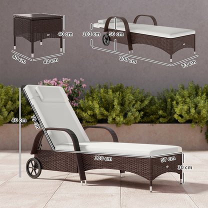 Outsunny Rattan Sun Loungers Set of 2 with Side Table, 3-Piece Garden Furniture Set, Adjustable Recliner Sunlounger Sunbed with Cushions & Headrest, Wheels, Outdoor Patio Daybed, Brown