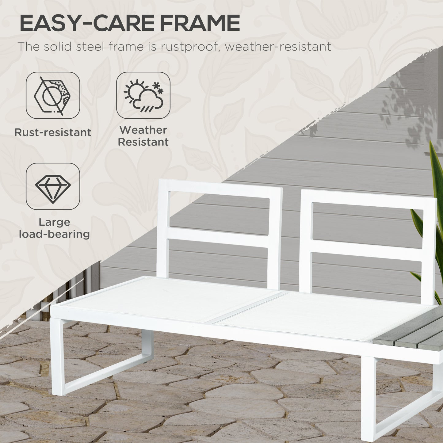 Outsunny 4 Pieces Garden Furniture Set, 5-Level Reclining Garden Corner Sofa Set, Outdoor Lounge Conversation Sectional with Cushions, Wood Effect Plastic Table, White Frame & Grey Cushion