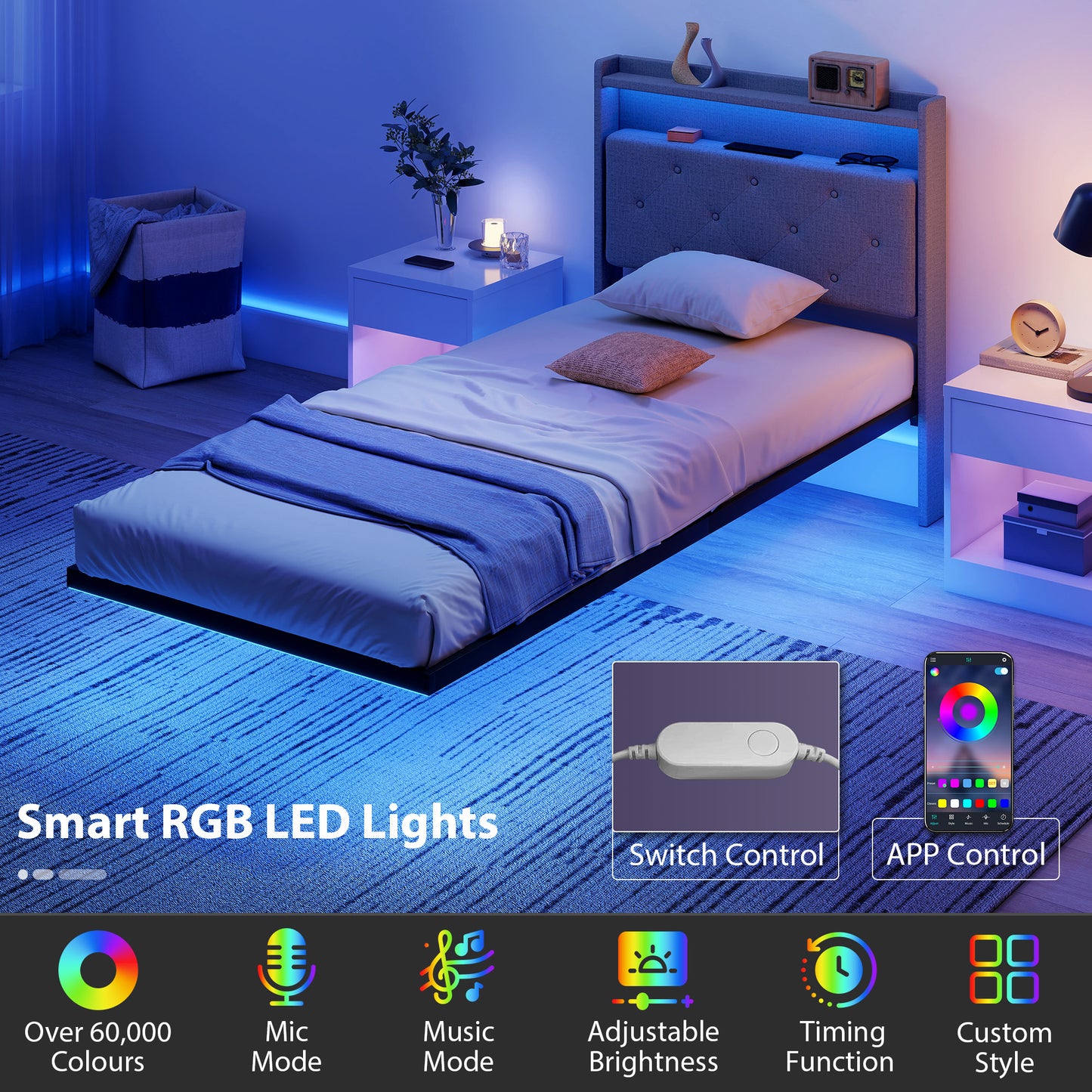 HOMCOM Floating Bed Frame, Upholstered 3ft Single Size Bed, Platform Bed with RGB LED Lights and Charging Station, Grey