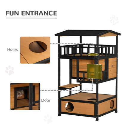 PawHut Wooden Outdoor Cat House, 3-Tier Cat Shelter with Tilted Roof, Terrace, Jump Step, Bottom Tray, Yellow