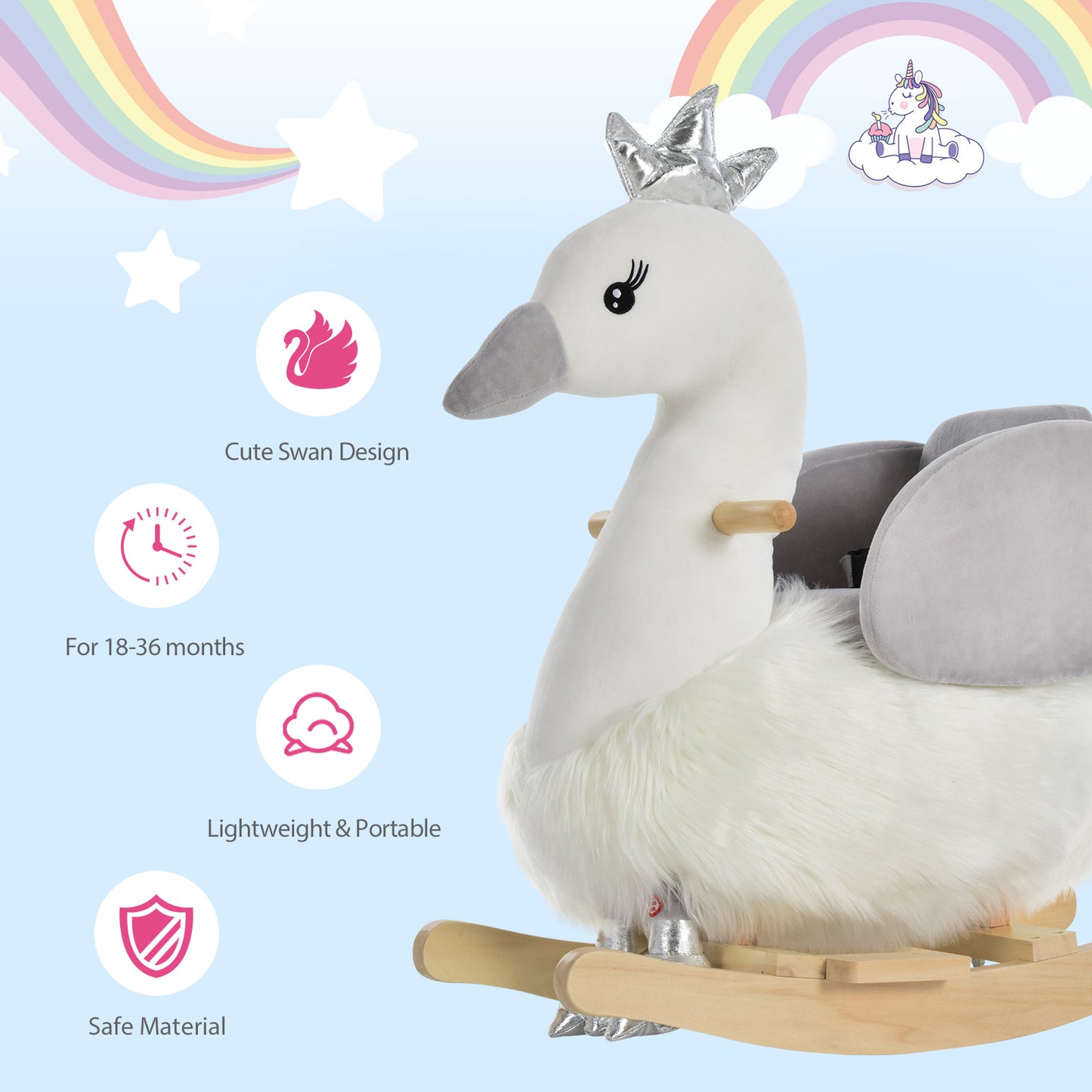 HOMCOM Kids Rocking Horse, Children Plush Ride On Swan Animal Rocker w/ Sound, Wood Base Seat, Seat Belt, Baby Toy Rocker for Toddler 18 - 36 Months, White and Grey