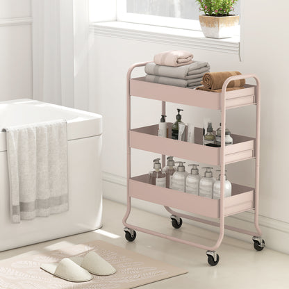 HOMCOM 3-Tier Storage Trolley on Wheels, Rolling Utility Cart with Mesh Backets for Kitchen, Bathroom, Bedroom, Light Pink